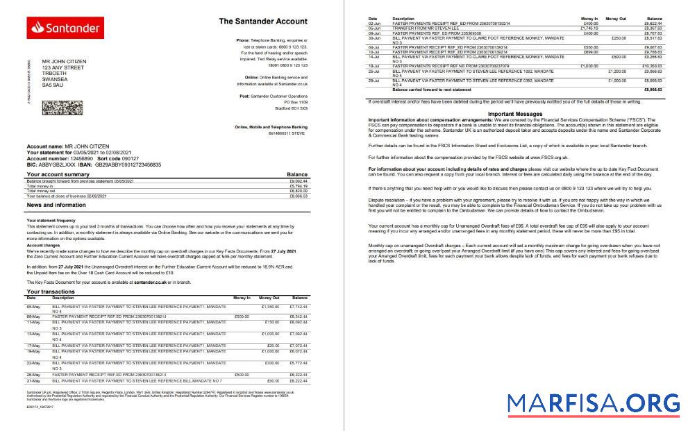 Blank United Kingdom Santander bank statement word (2 pages) example